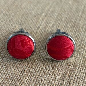 Red Textured Fabric Silver Tone Cuff Links